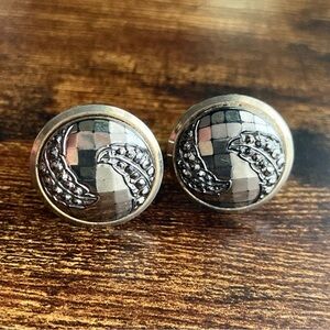 Vintage Cufflinks Two-Tone Metal Round Checkerboard Cut